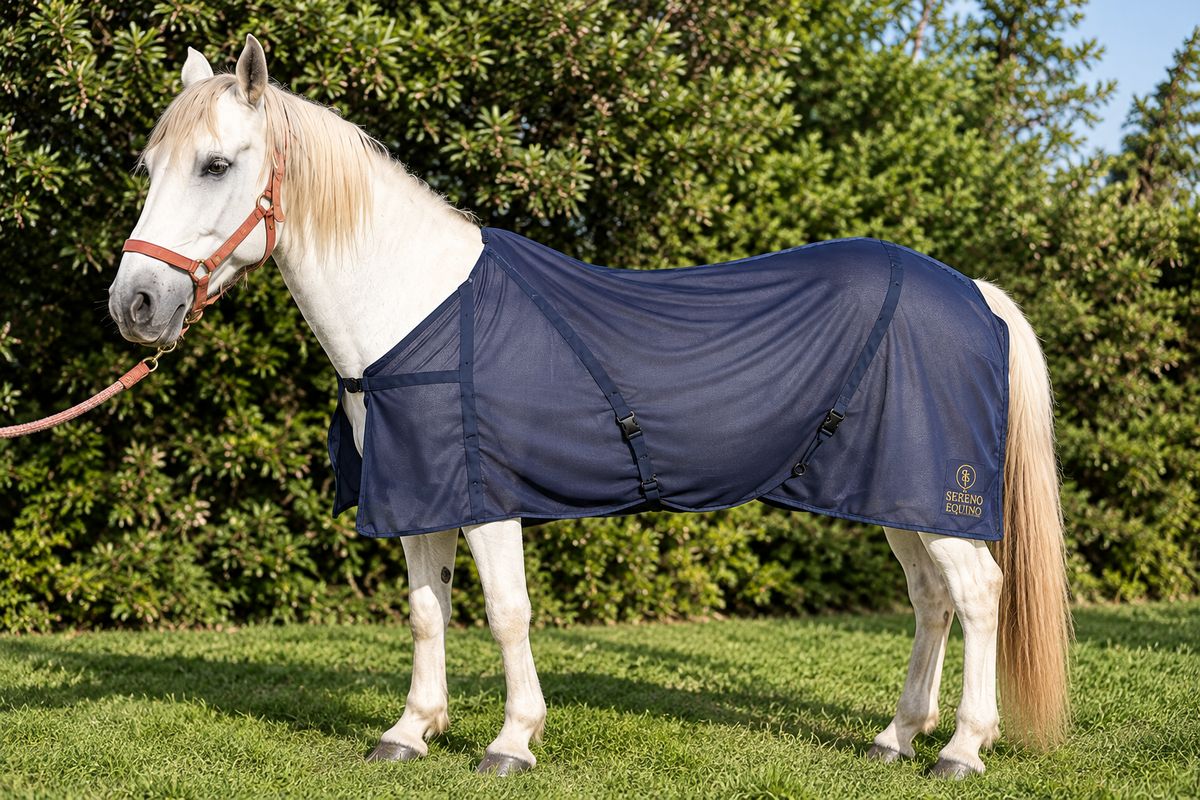 Caballo blanco con descalorante Sereno Equino azul oscuro, vista lateral